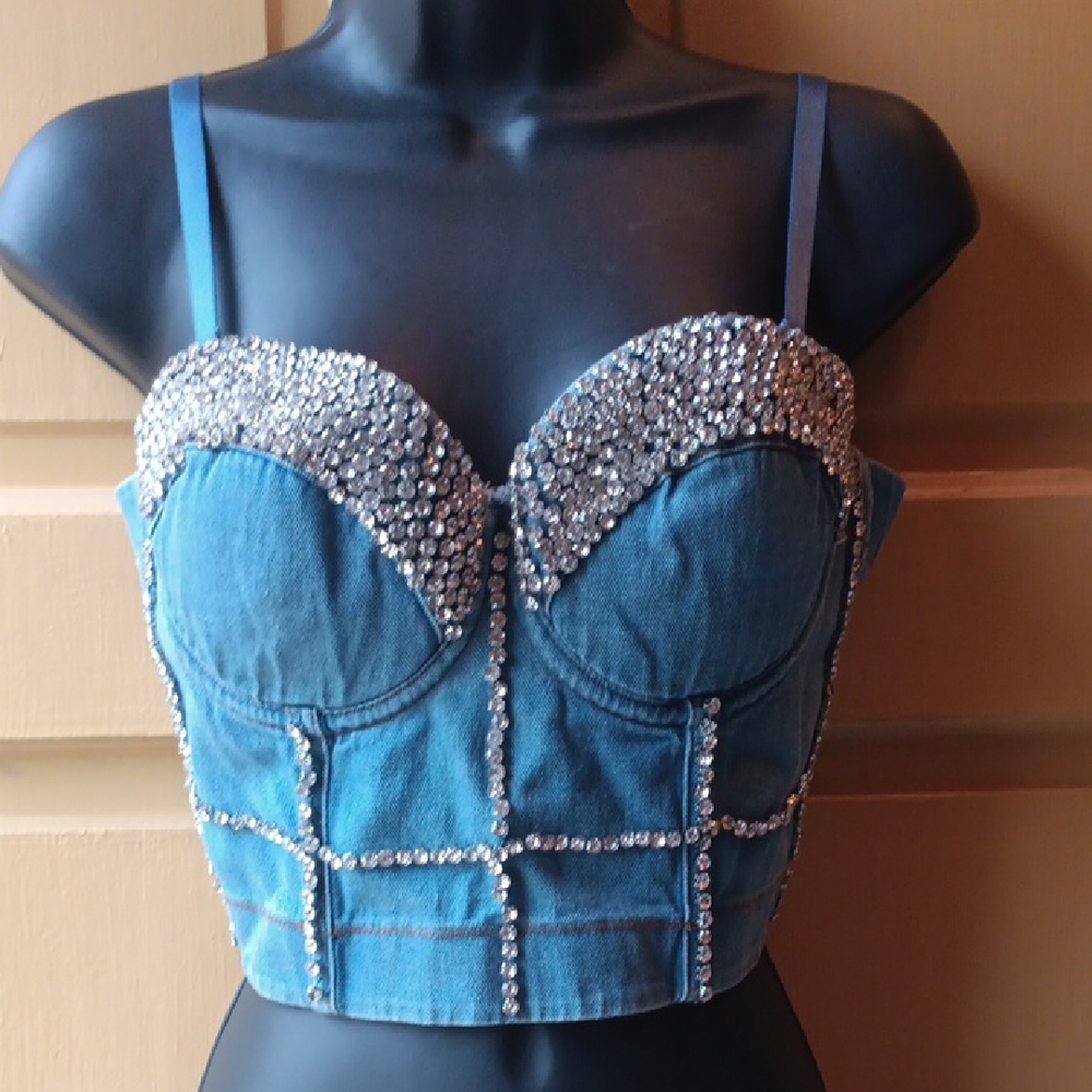 Embellished Denim Bustier Crop Top in Blue